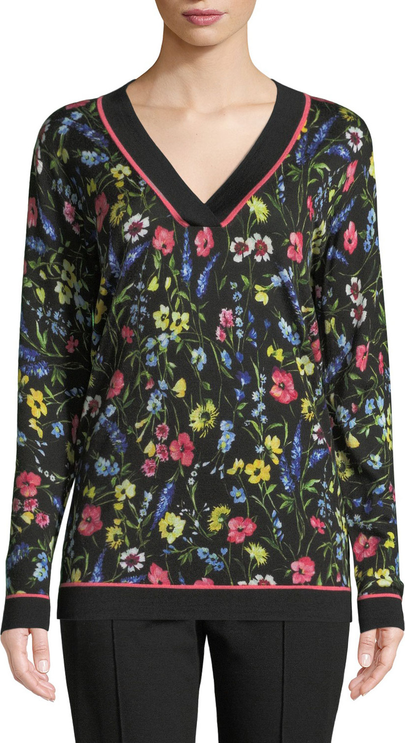 Escada V-Neck Long-Sleeve Floral-Print Pullover Tunic