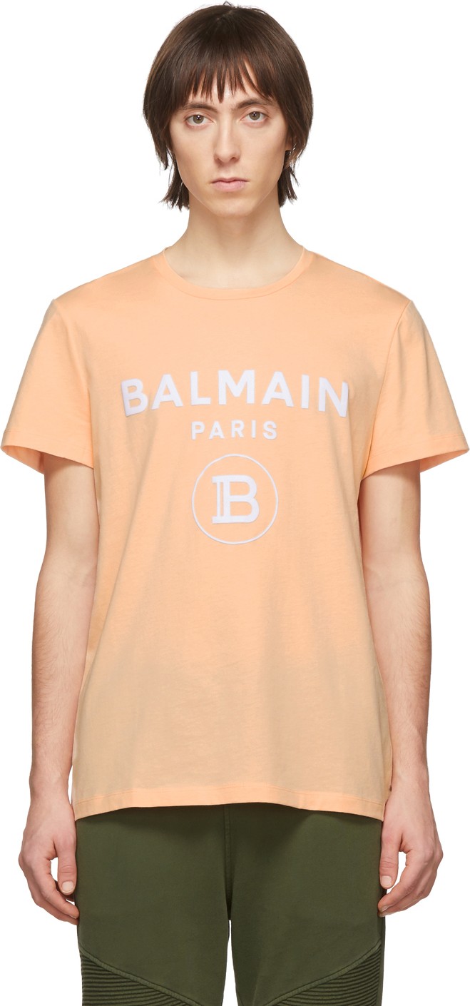 Balmain Orange Flocked Logo T-Shirt
