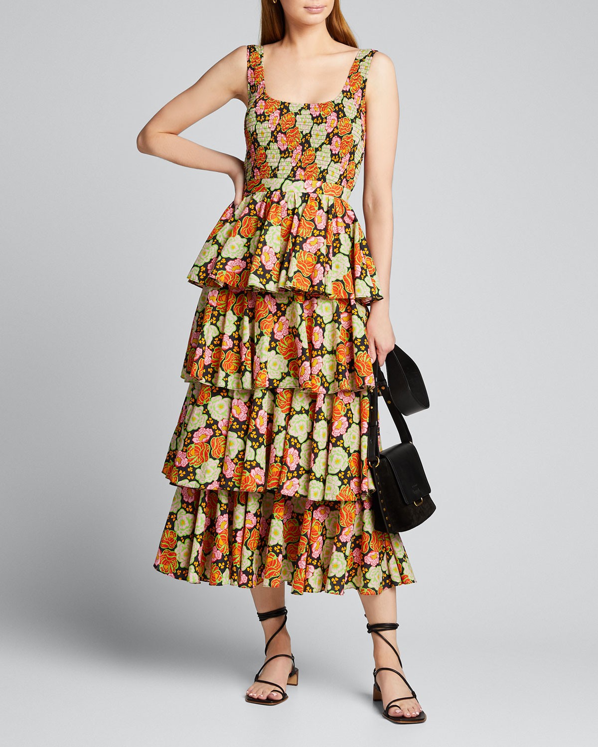 RHODE Naomi Smocked Floral Tiered Midi Dress