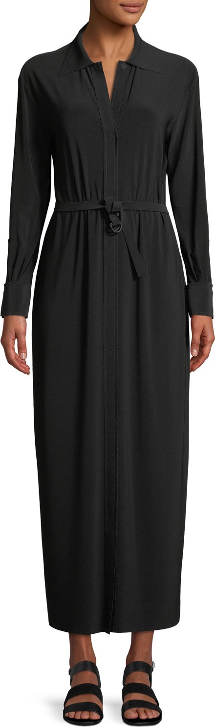 Norma Kamali Long-Sleeve Maxi Shirtdress w/ Belted Waist