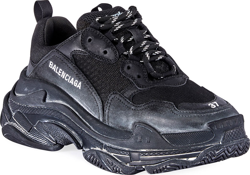 Balenciaga Triple S Men's Tonal Mesh & Leather Sneakers, All Black