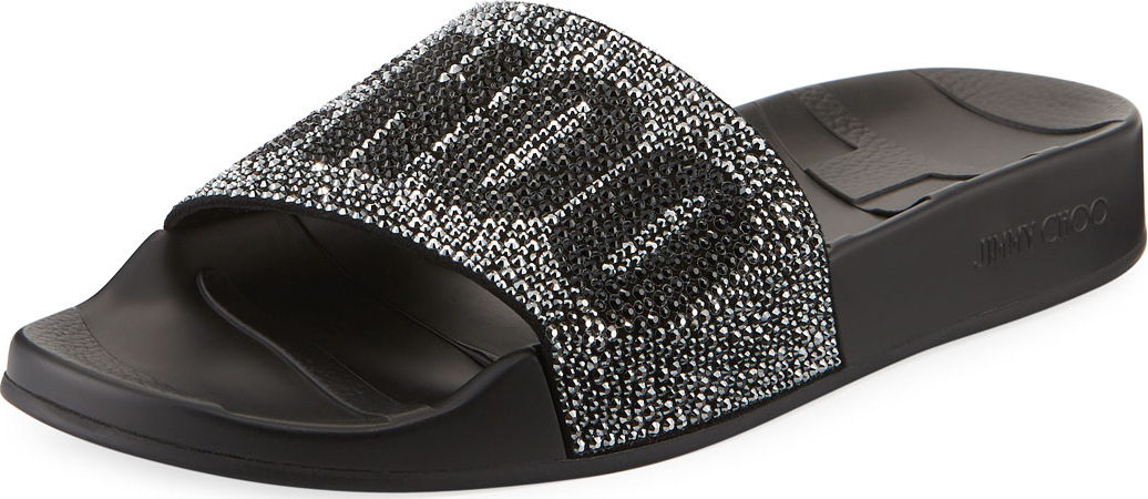 Jimmy Choo Rey Crystal Logo Pool Slide Sandal