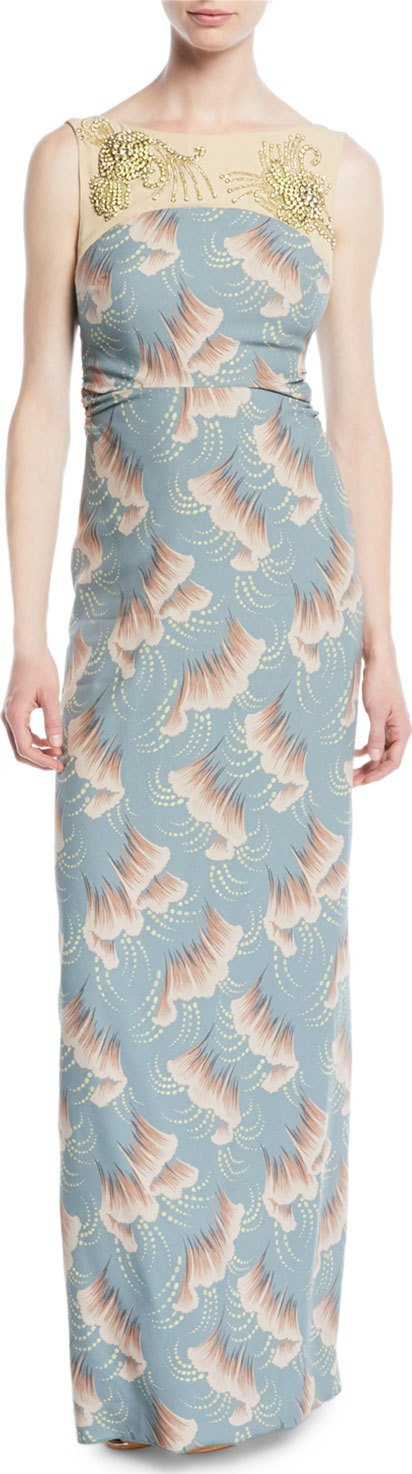 Dries Van Noten Delicia Sleeveless Jeweled-Yoke Ginkgo-Print Column Evening Gown Dries Van Noten Delicia Sleeveless Jeweled-Yoke Ginkgo-Print Column Evening Gown