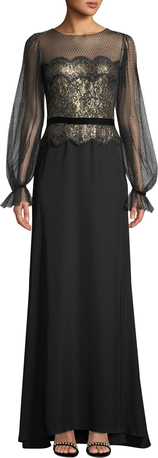 Tadashi Shoji Long-Sleeve Lace Illusion & Crepe Gown