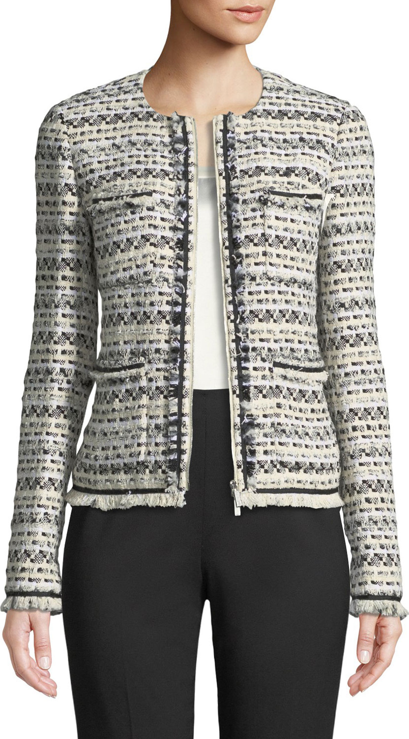 Lafayette 148 New York Benji Modulated Tweed Jacket w/ Frayed Trim