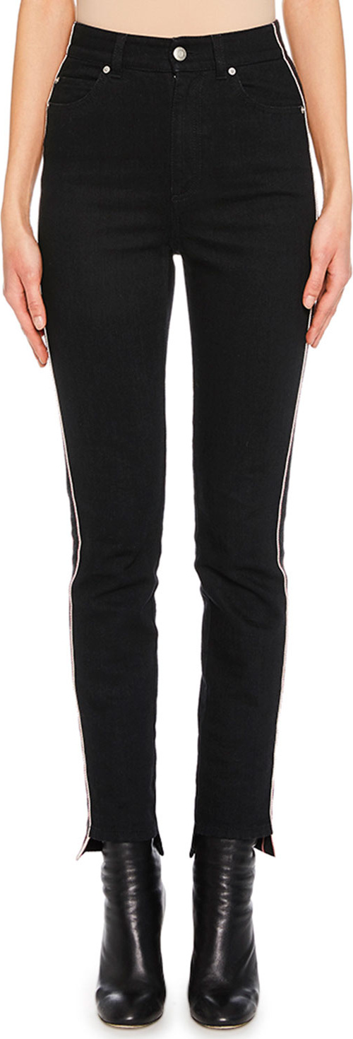 Alexander McQueen High-Waist Racer-Stripe Skinny-Leg Jeans with High-Low Cuff