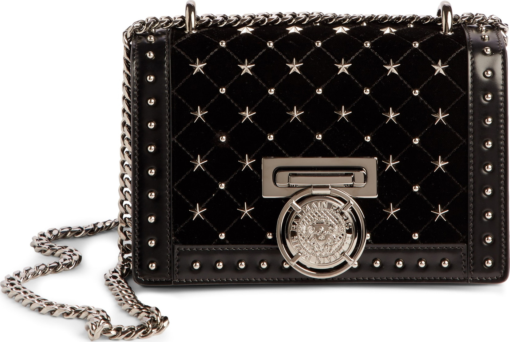 Balmain Baby Box Studded Velour Shoulder Bag