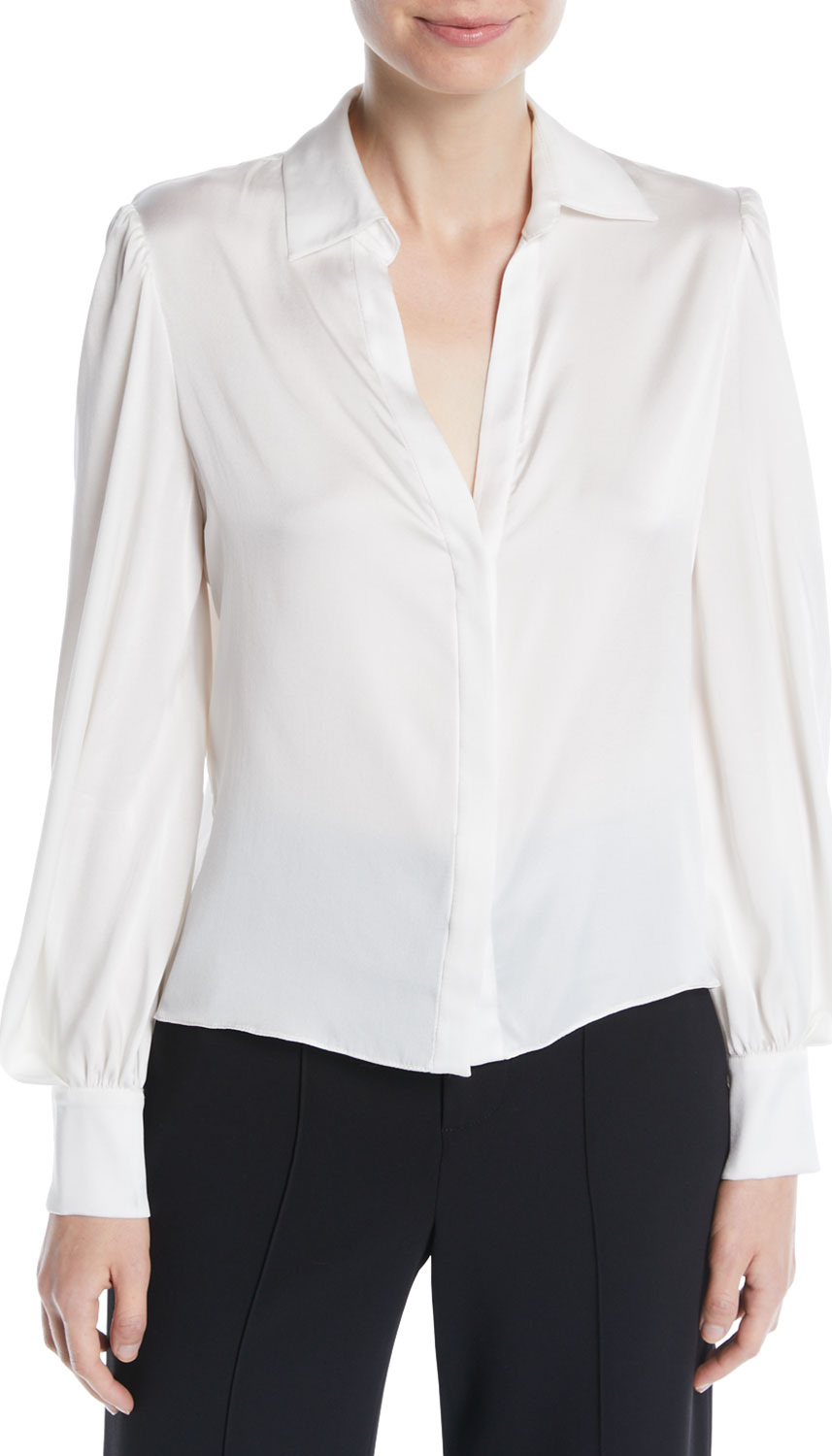 Alice + Olivia Shanda Button-Front Puff-Sleeve Silk Shirt
