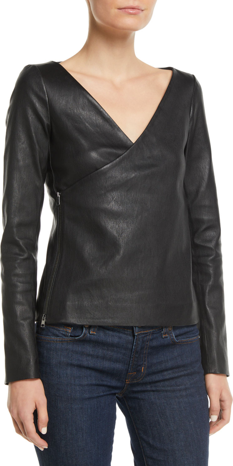 Theory Fitted Bristol Lamb Leather Side-Zip Wrap Jacket