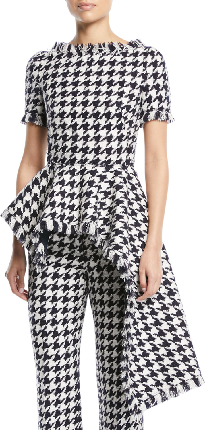 Oscar De La Renta Houndstooth-Tweed Asymmetric Peplum Top