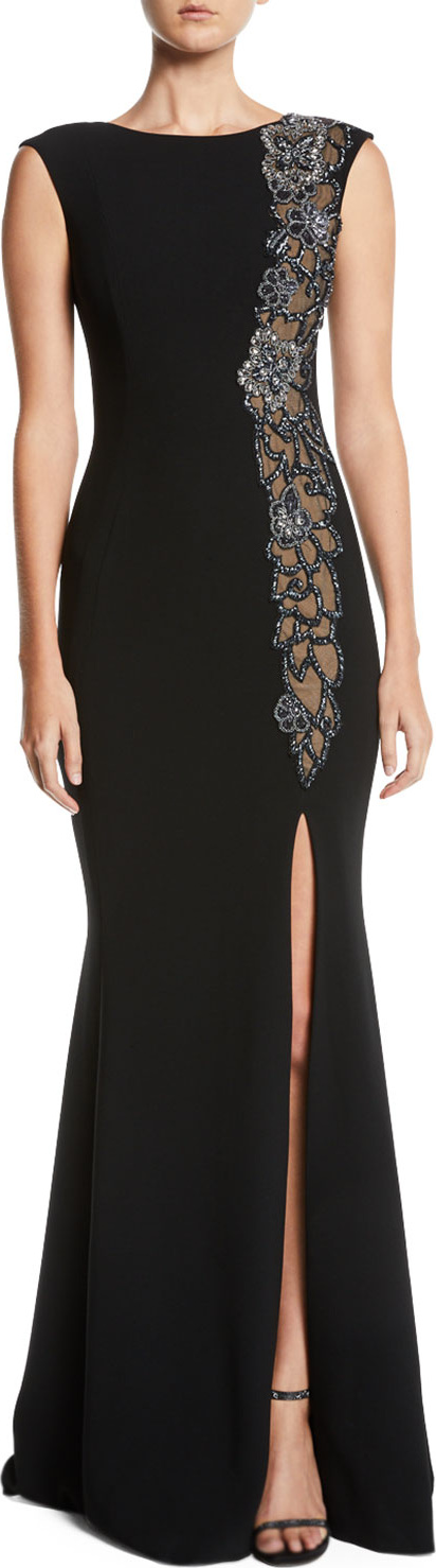 Theia Beaded & Sheer High-Slit Sleeveless Gown