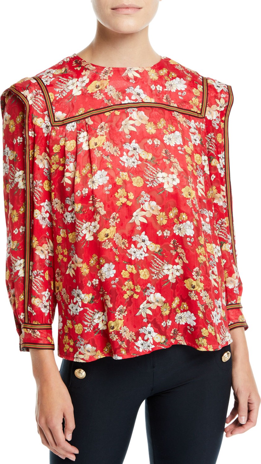 Derek Lam 10 Crosby Floral-Print Long-Sleeve Silk Blouse