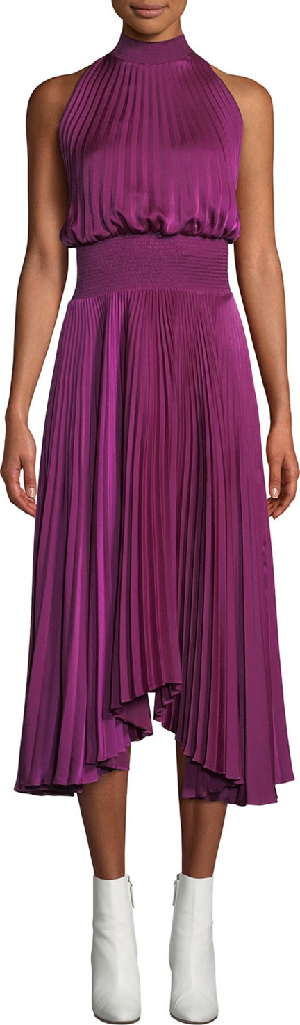 A.L.C. Renzo High-Neck Sleeveless Pleated Satin Midi Cocktail Dress