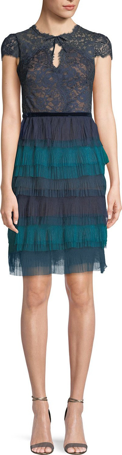 Marchesa Notte Lace Cap-Sleeve & Tulle Ruffle Dress