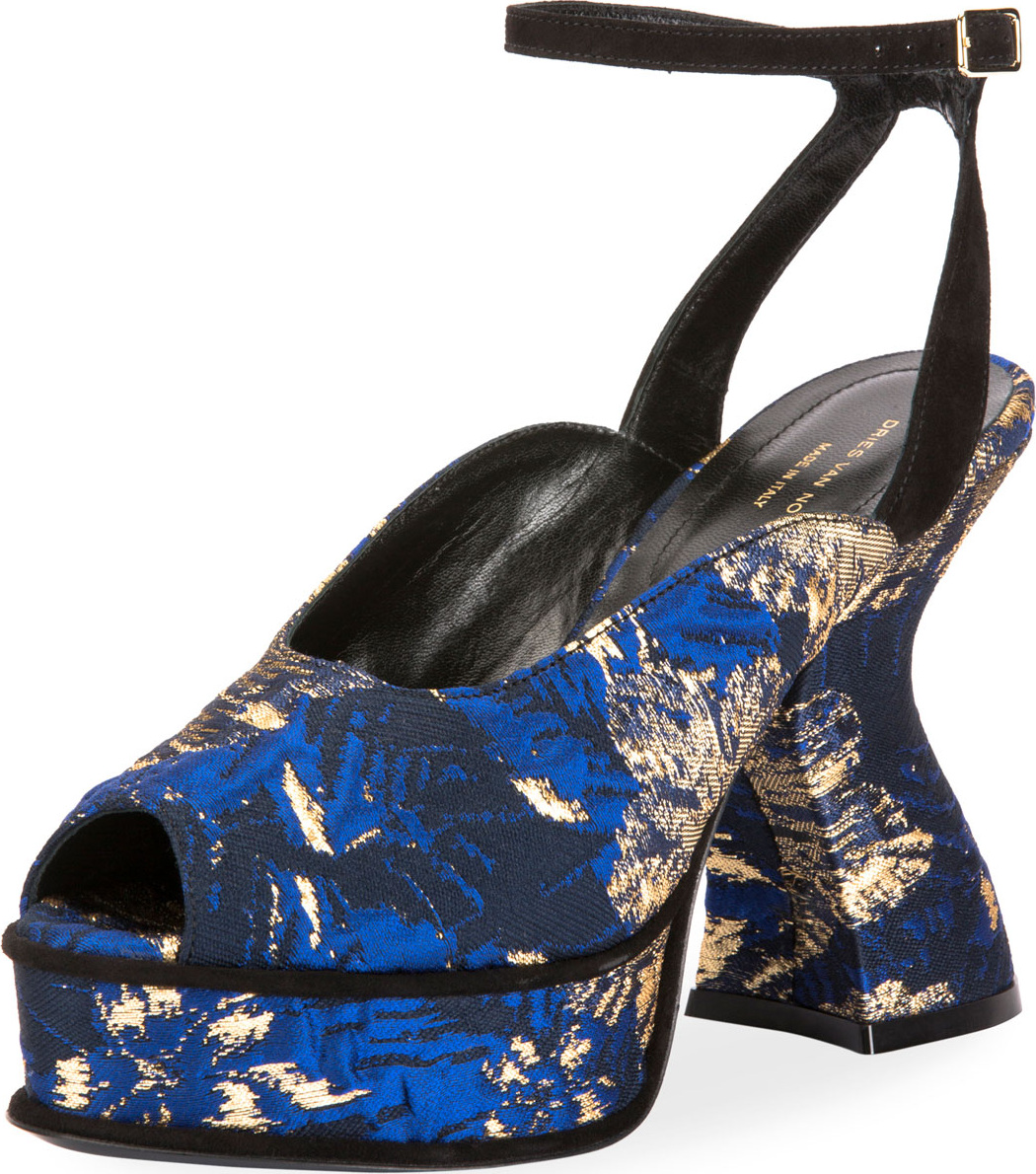 Dries Van Noten Floral Platform Curve-Heel Sandals
