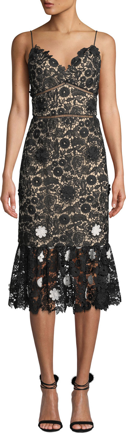 ML Monique Lhuillier Sleeveless Lace Dress w/ 3D Floral Details