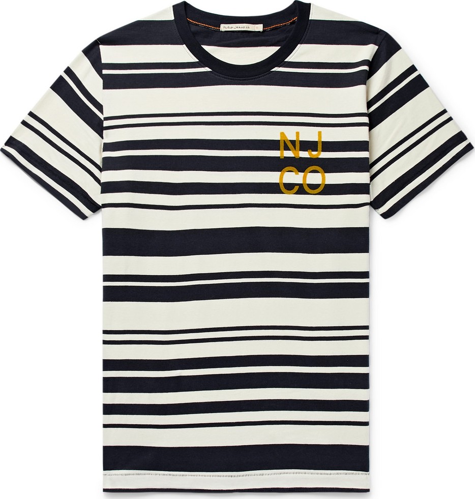 Nudie Jeans Roy Barcode Logo-Flocked Striped Cotton-Jersey T-Shirt