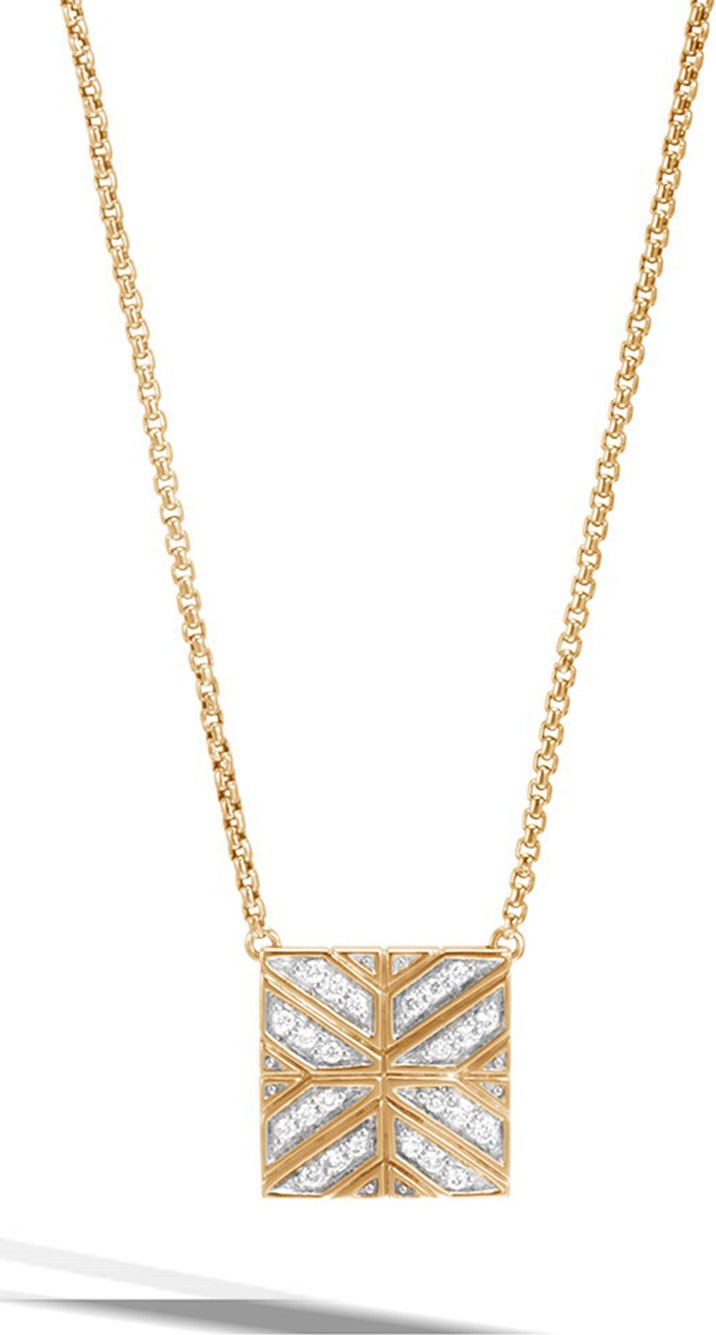 John Hardy Modern Chain 18K Gold Square Pendant Necklace with Diamonds