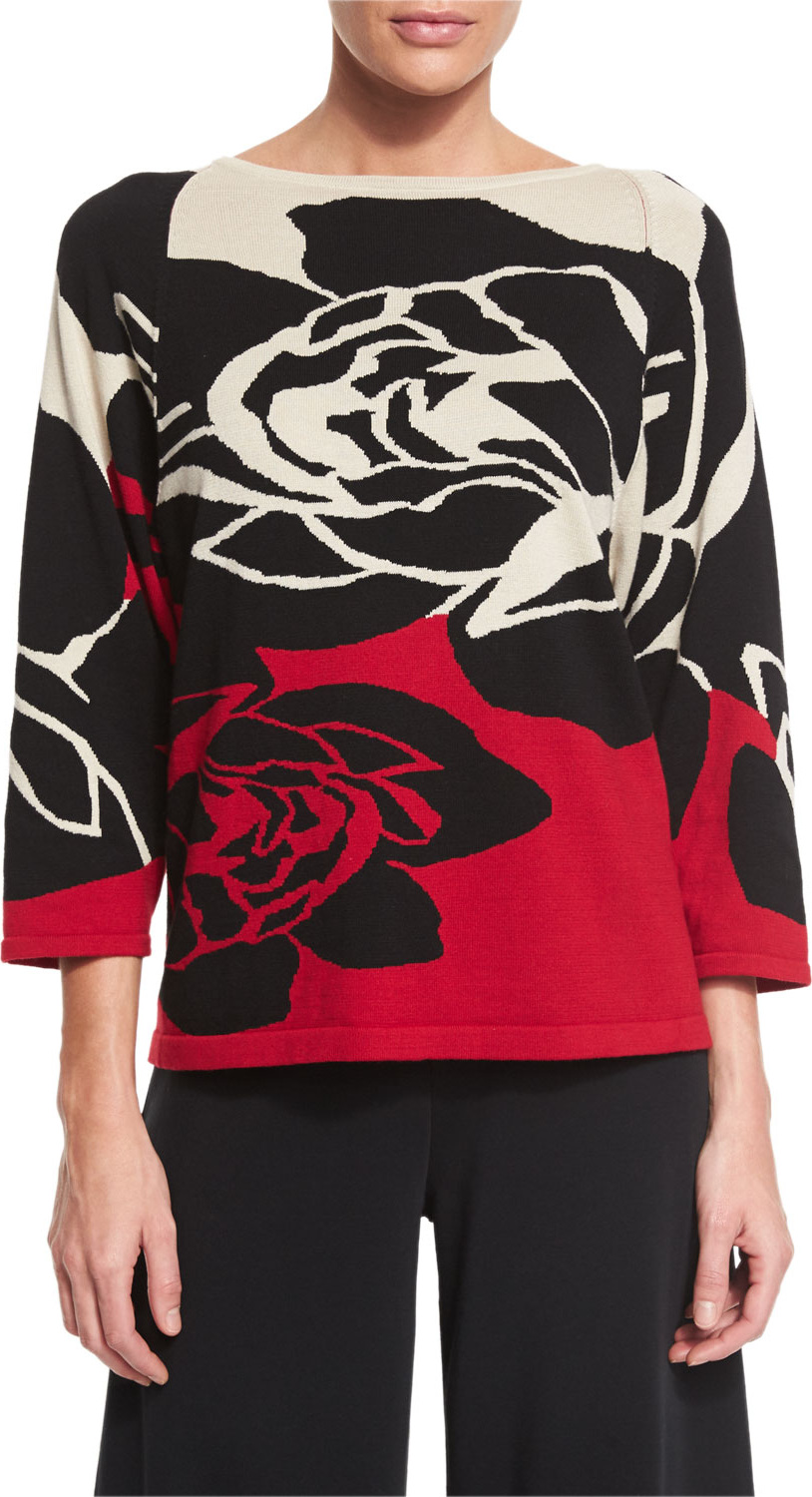 Joan Vass 3/4-Sleeve Rose Intarsia Sweater