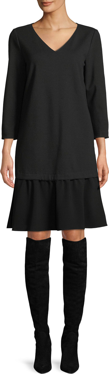 Lafayette 148 New York Larsa V-Neck Long-Sleeve Punto Milano Dress w/ Crepe Combo