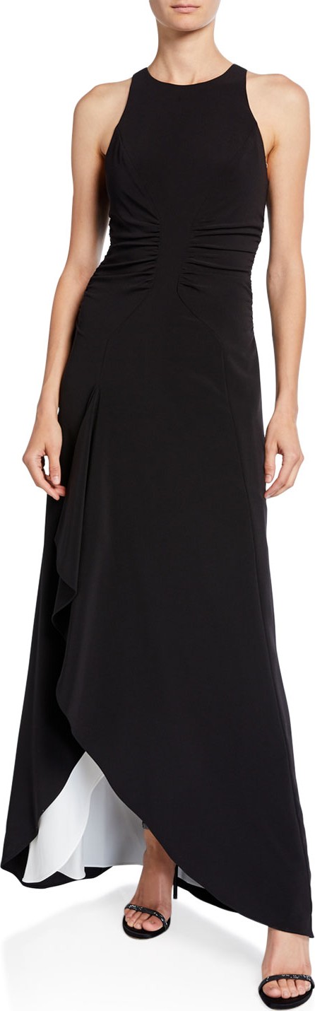 HALSTON HERITAGE High-Neck Sleeveless Open Drape Gown with Ruching