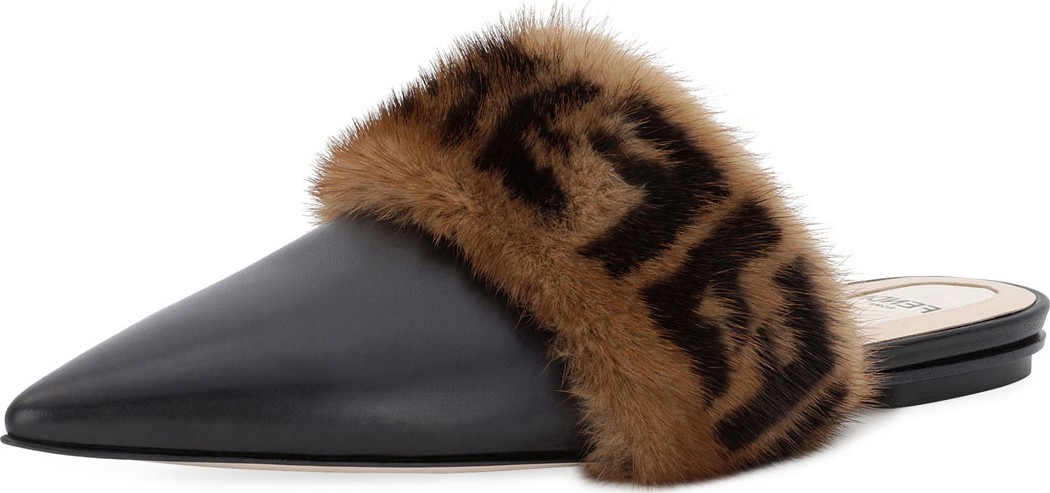 Fendi Leather Flat Mule with FF Fur Trim