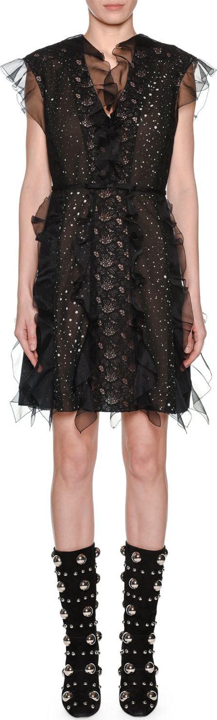 Giambattista Valli Ruffle-Trim Lace & Dot Panel V-Neck Dress
