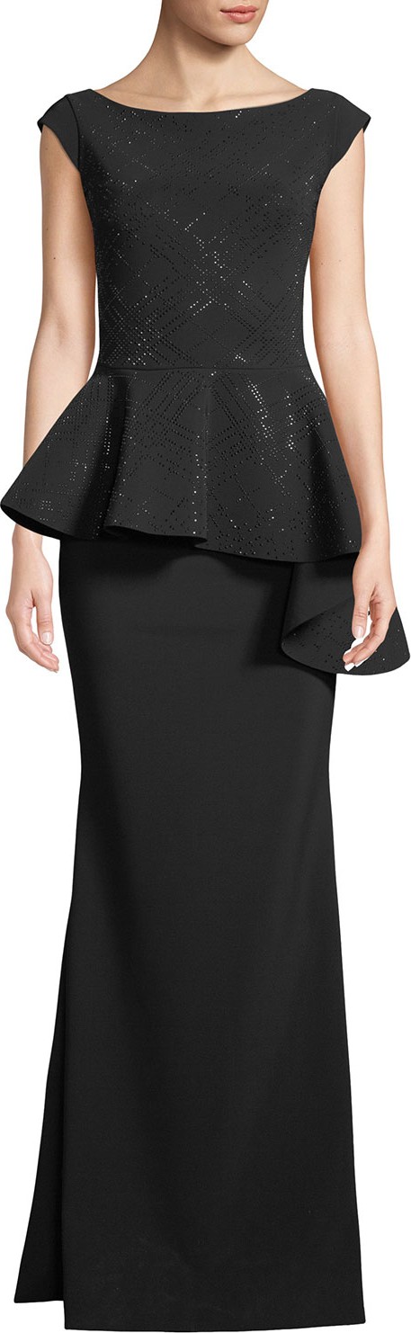 La Petite Robe di Chiara Boni Etheline Beaded Cap-Sleeve Asymmetric Peplum-Waist Trumpet Evening Gown