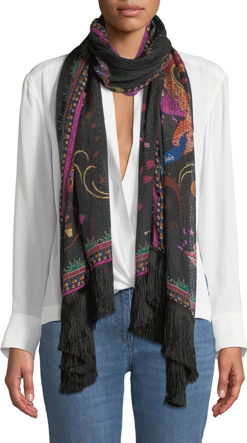 Etro Fairy Paisley Fringe Silk Scarf