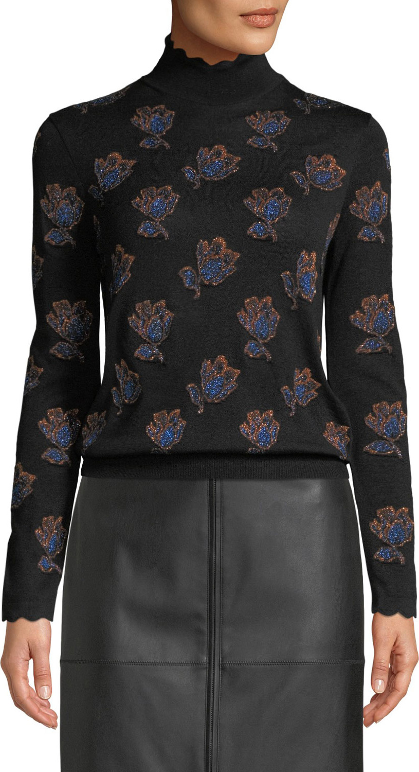 COACH Western Flower Scalloped Metallic Turtleneck Top