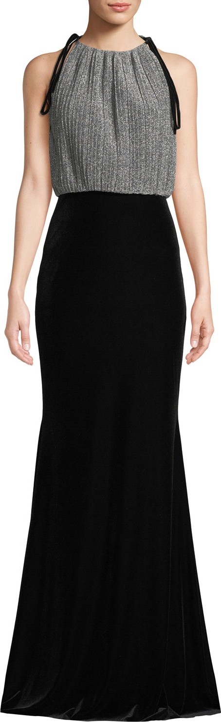Badgley Mischka Metallic Combo Pleated Halter Gown