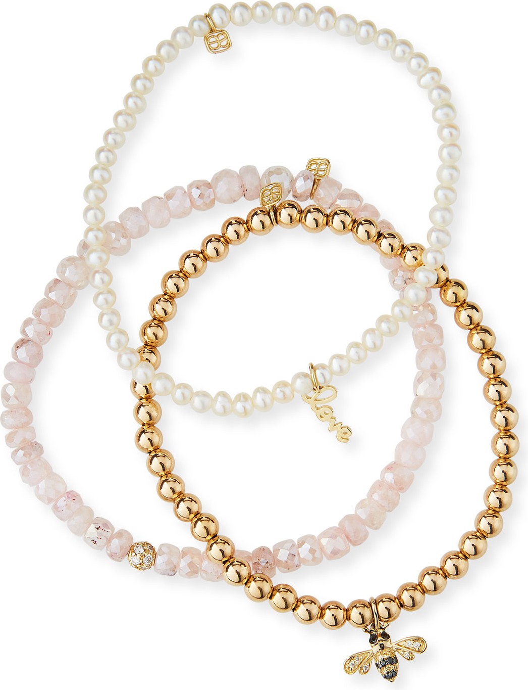 Sydney Evan 14k Lady Love Trio Pearl & Bee Bracelets  Set of 3