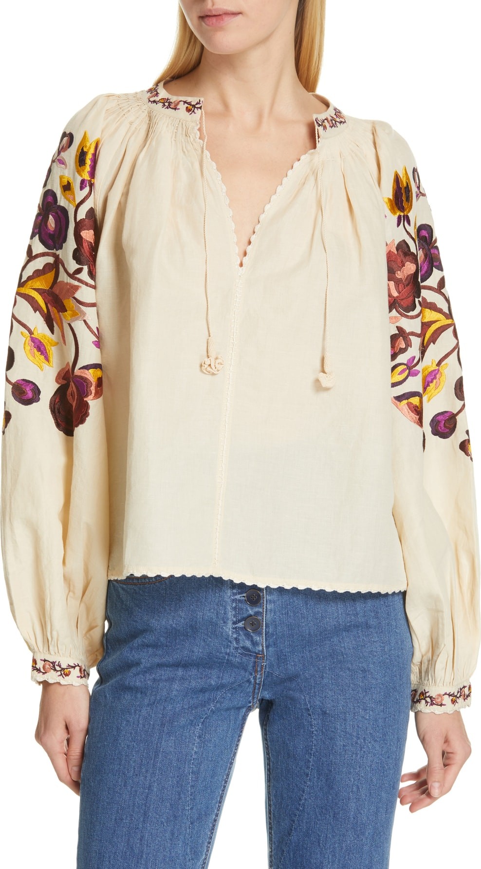 Ulla Johnson Simona Floral Embroidered Linen & Cotton Blouse