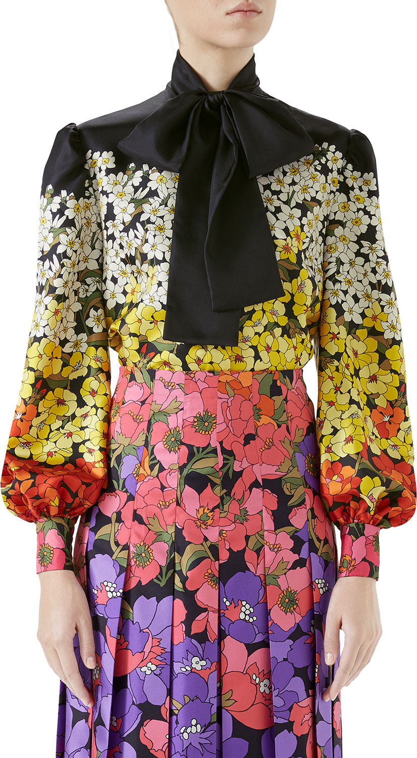Gucci Long-Sleeve Floral Dégradé Twill Blouse w/ Tie Neck