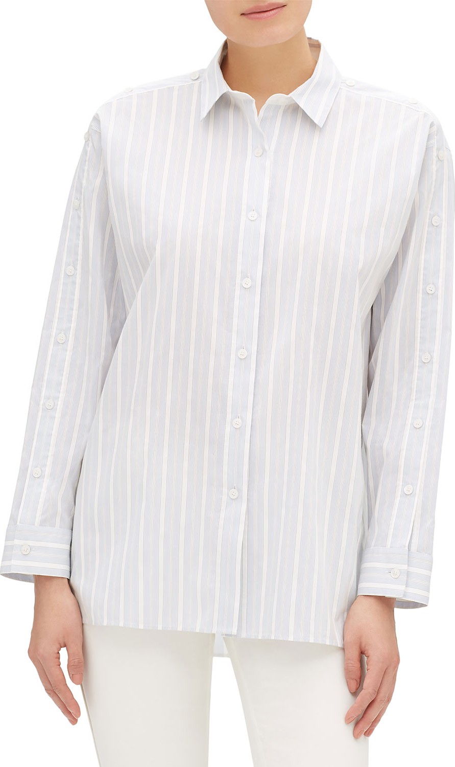 Lafayette 148 New York Trinity Striped Button-Front Blouse with Button Trim Detail
