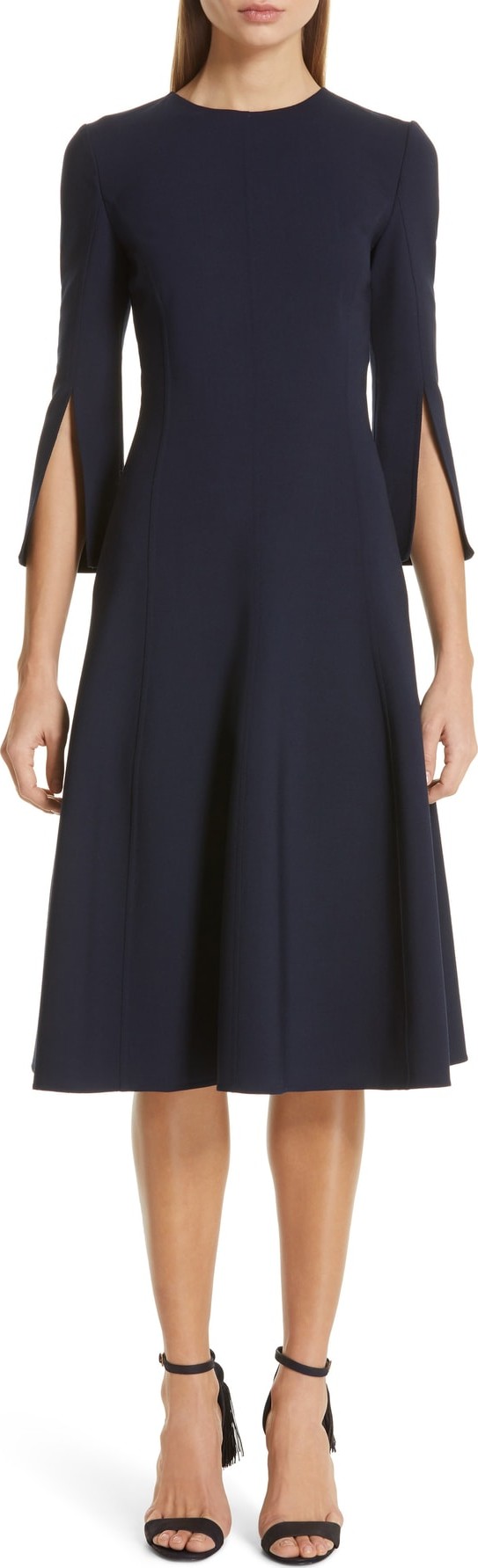 Oscar De La Renta Split Sleeve Stretch Wool Fit & Flare Dress