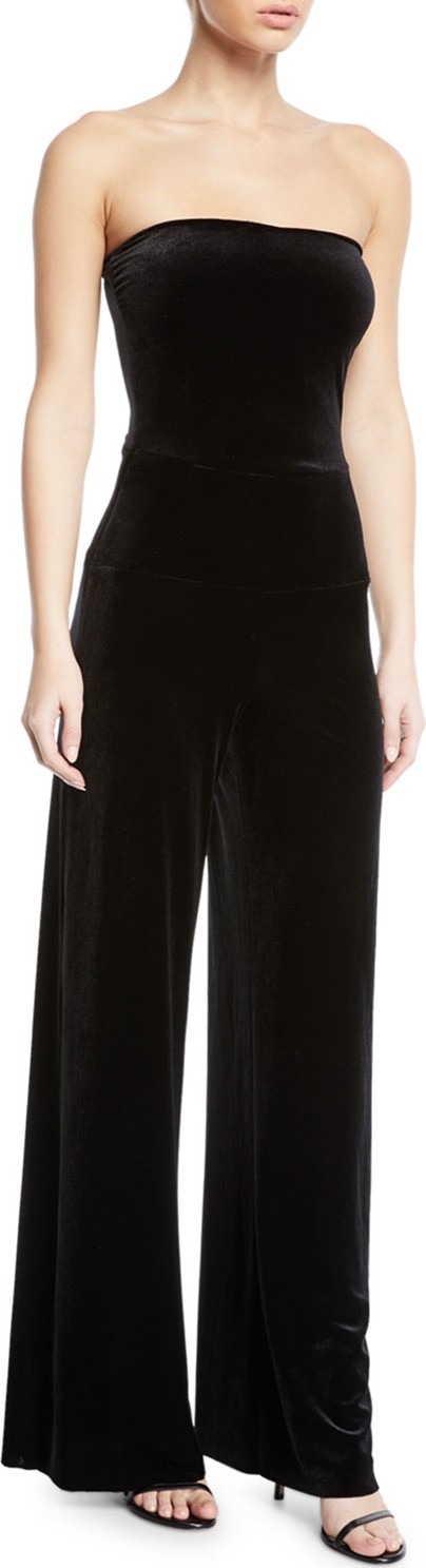 Norma Kamali Strapless Velvet Wide-Leg Jumpsuit