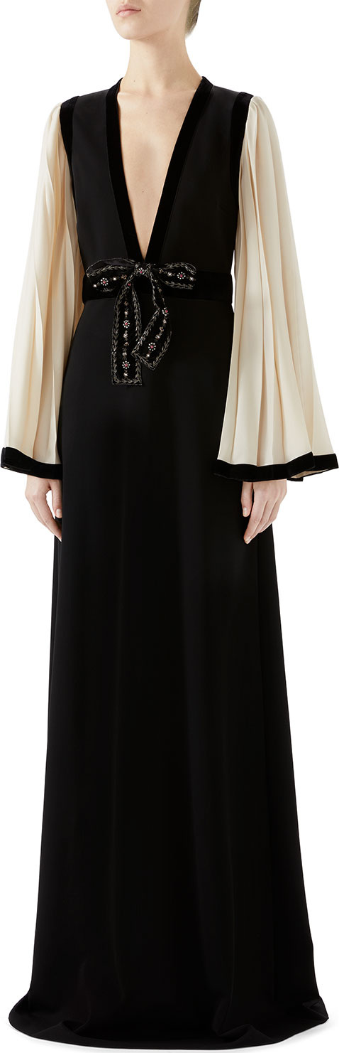 Gucci Pleated-Sleeve Bow-Front V-Neck Stretch-Jersey Evening Gown Gucci Pleated-Sleeve Bow-Front V-Neck Stretch-Jersey Evening Gown