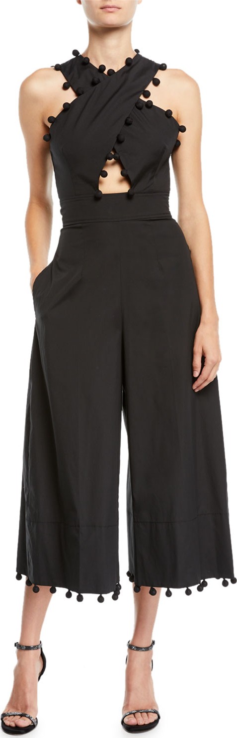 Oscar De La Renta Pompom Crisscross Wide-Leg Cropped Jumpsuit