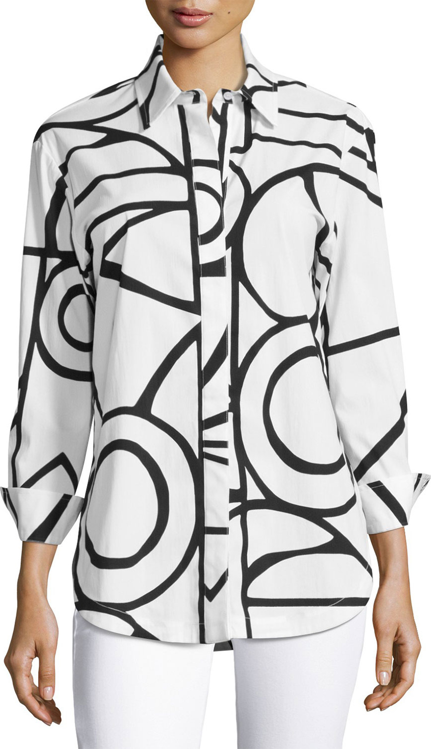 Finley Graphic-Print Blouse, White/Black