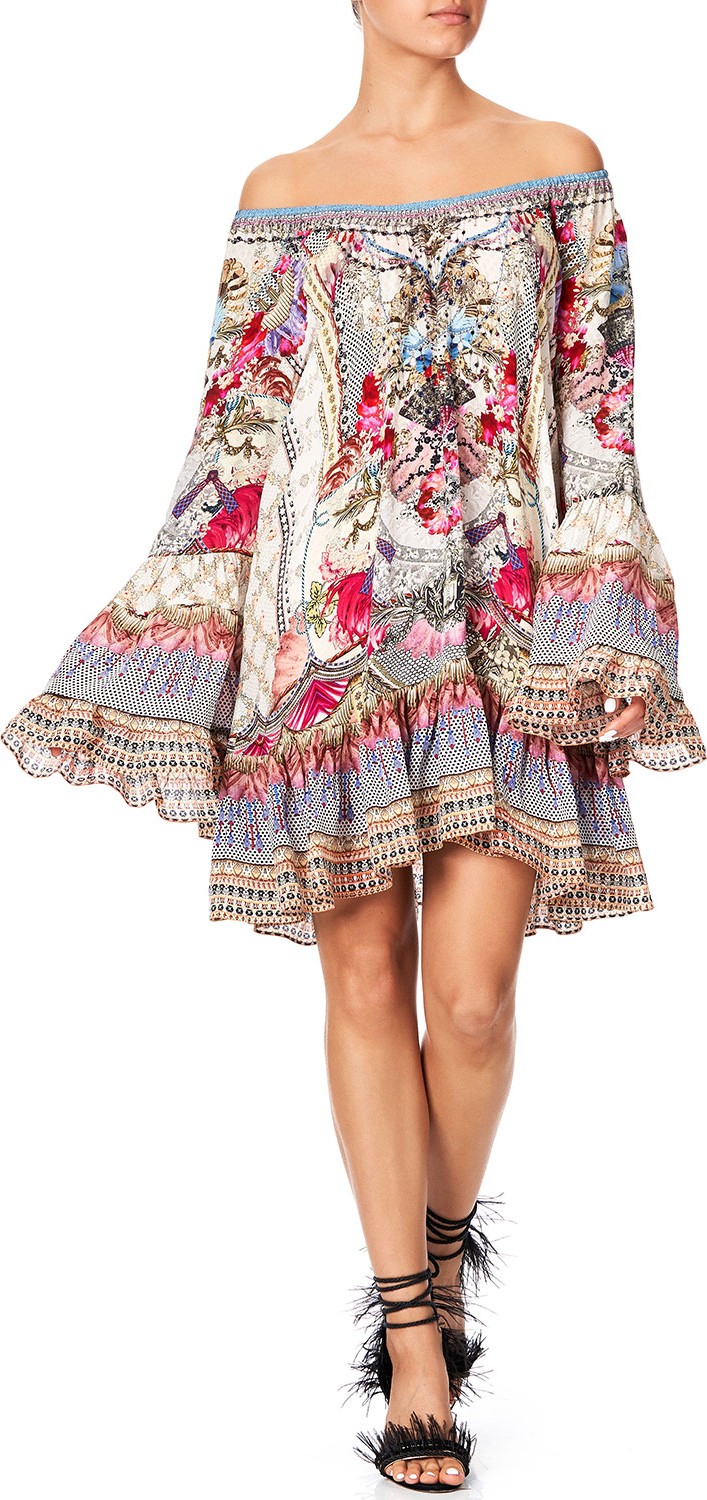 Camilla Off-Shoulder A-Line Printed Frill Dress