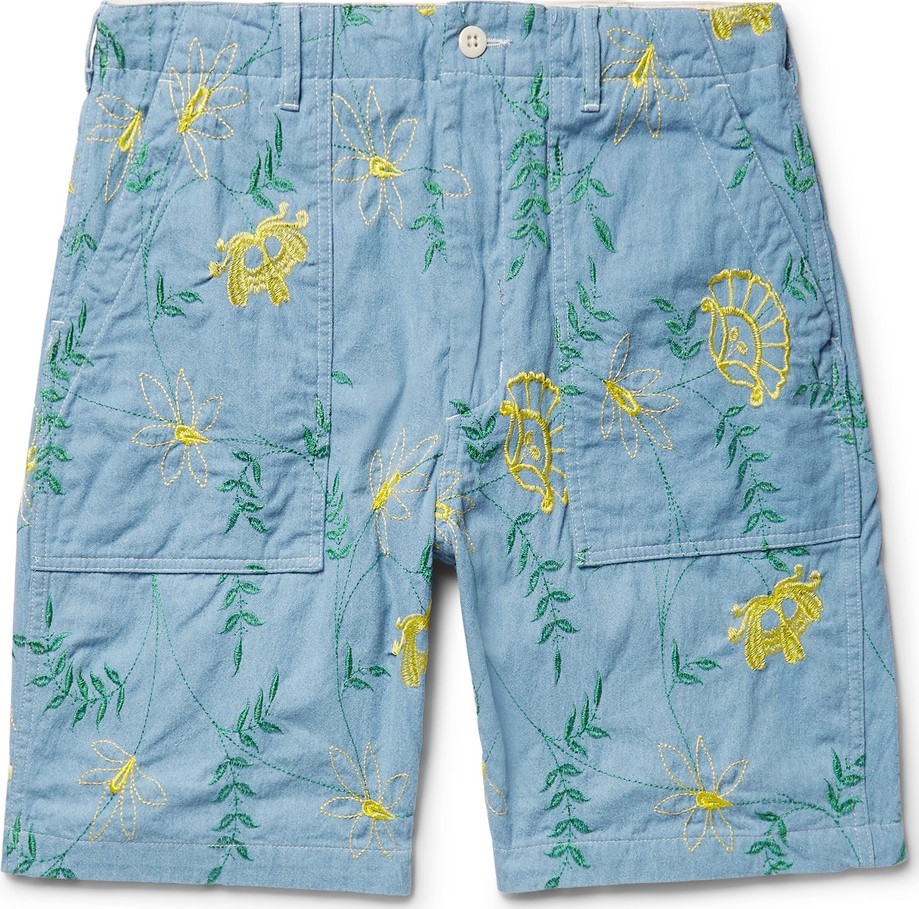 Engineered Garments Embroidered Cotton-Chambray Shorts