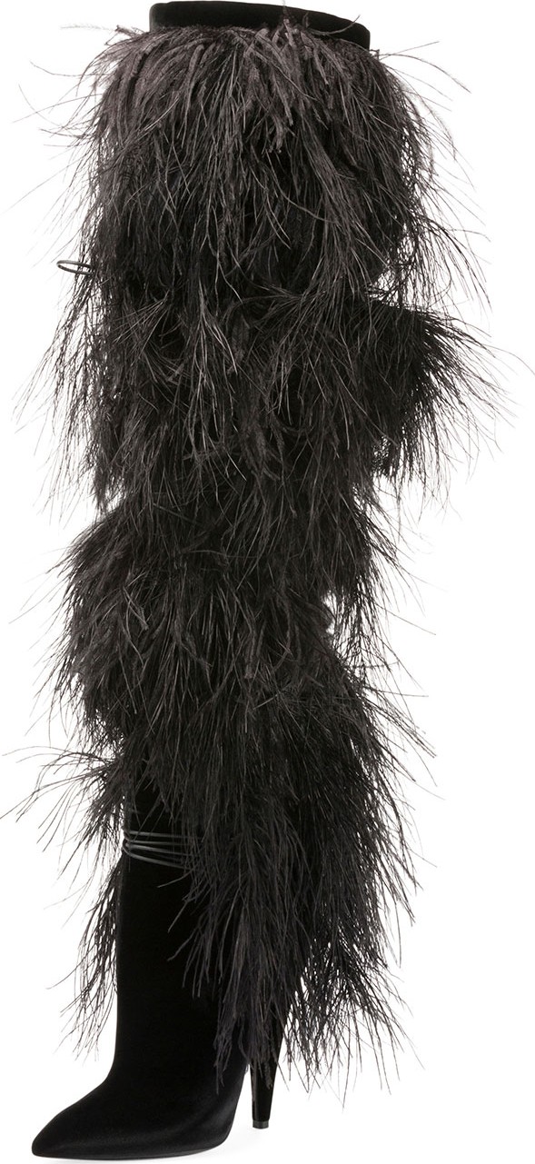 Saint Laurent Yeti Over-The-Knee Boot with Feathers