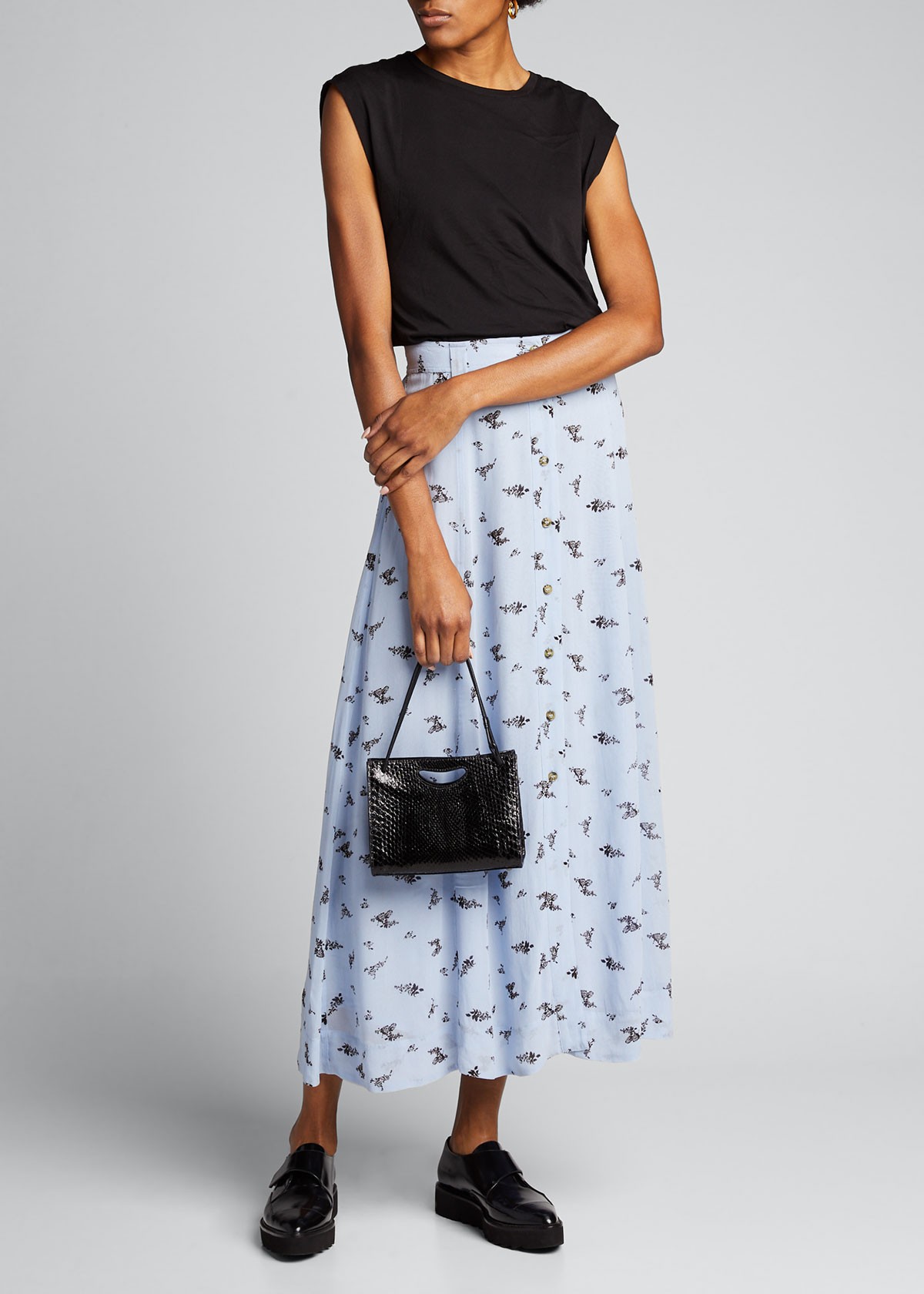 Ganni Printed Georgette Button-Front Midi Skirt
