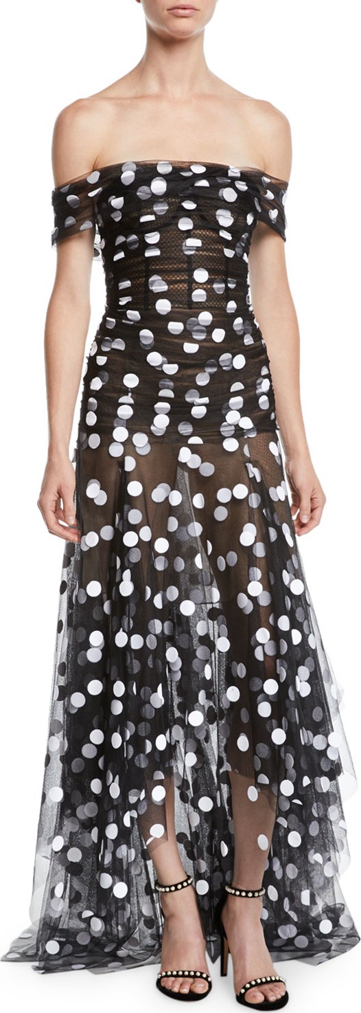 Oscar De La Renta Off-the-Shoulder Polka-Dot Tulle Evening Gown