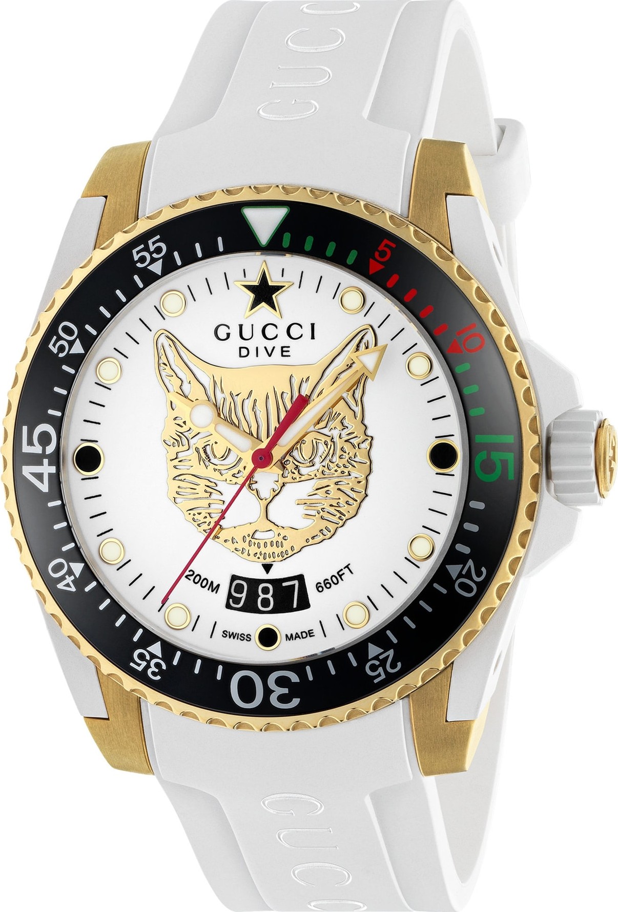 Gucci Diver Cat Rubber Strap Watch, 40mm
