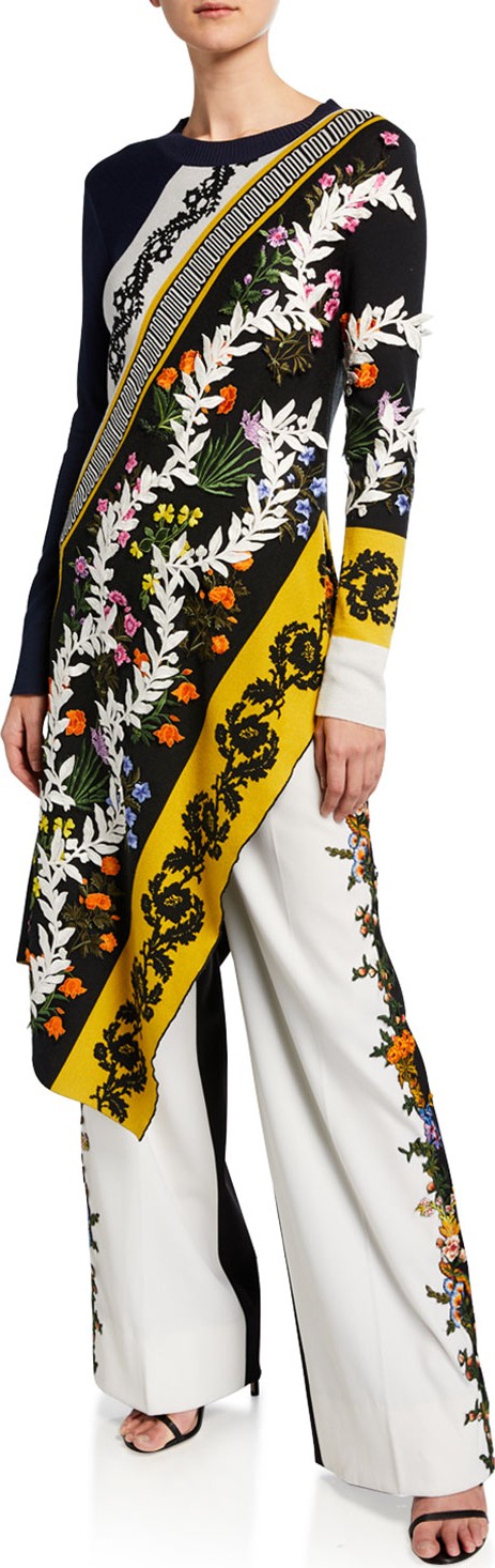Oscar De La Renta Long-Sleeve Asymmetric Embroidered Knit Tunic