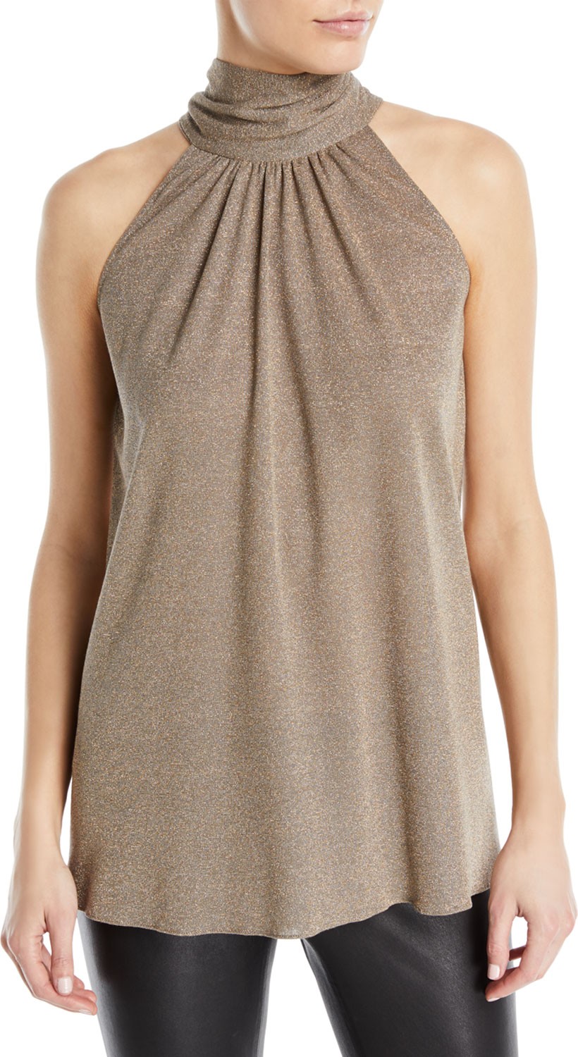 HALSTON HERITAGE Sleeveless Draped Metallic Blouse