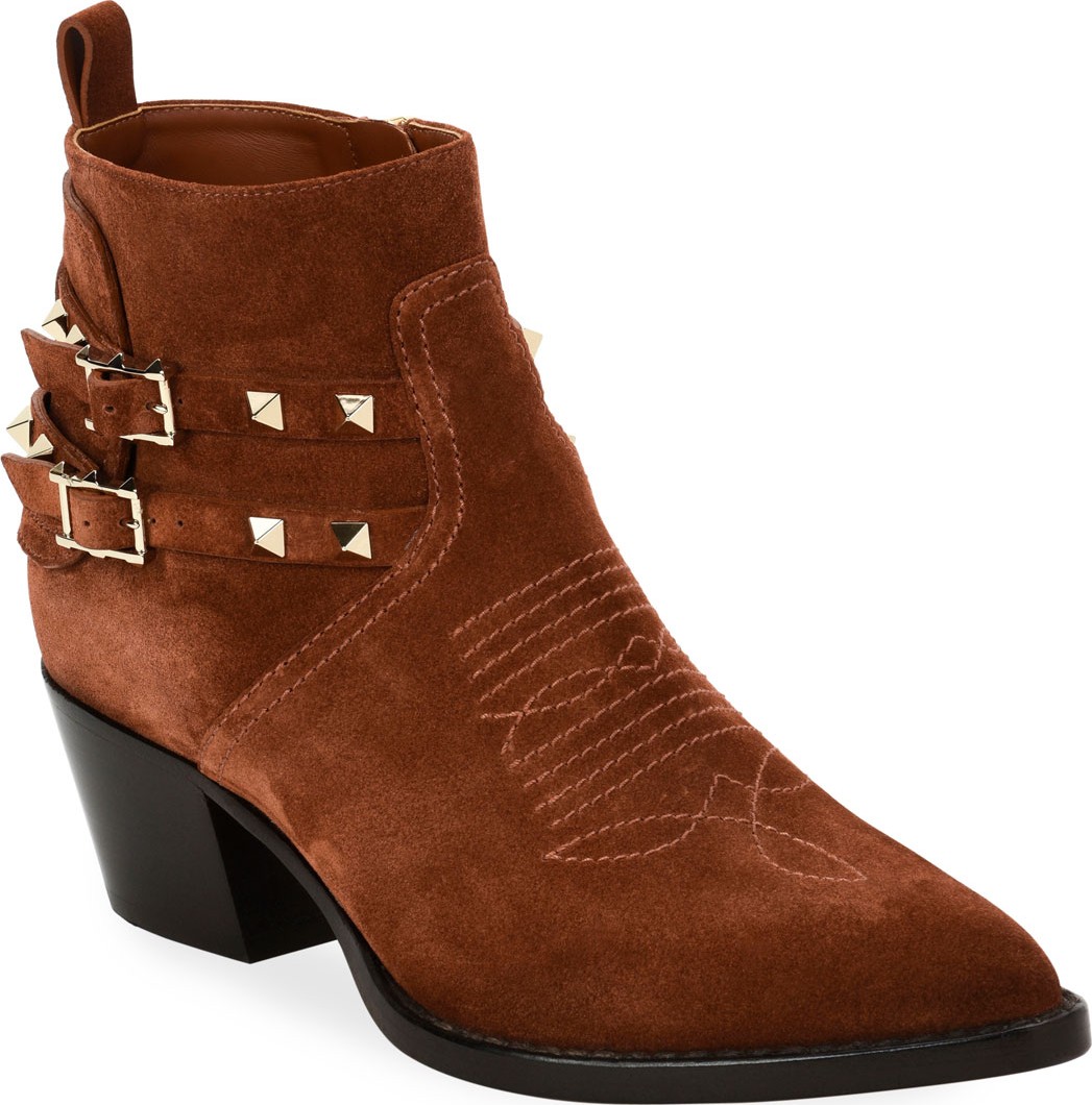 Valentino Rockstud Western Water-Resistant Suede Buckle Booties