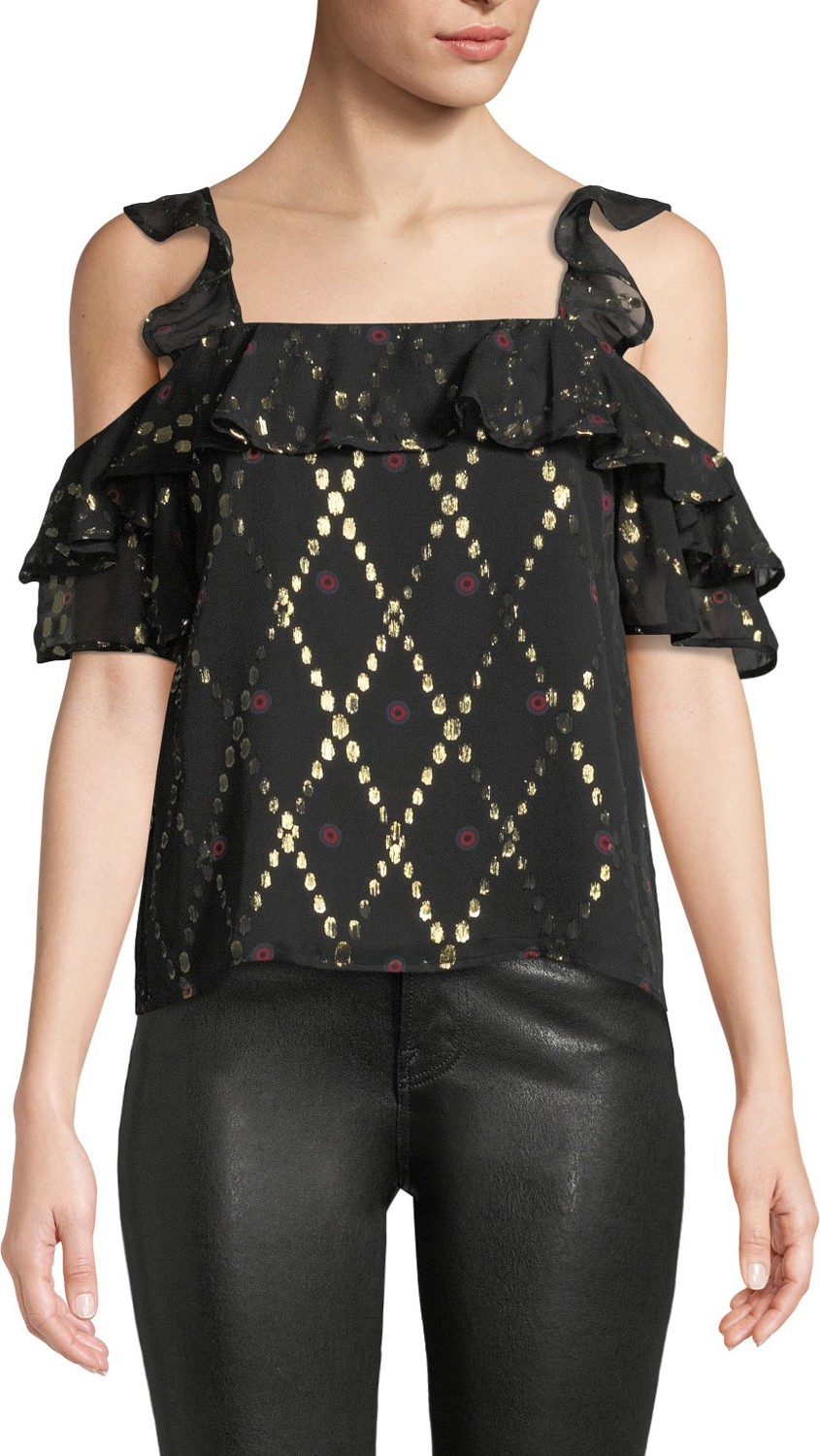 A.L.C. Willow Metallic Ruffle Cold-Shoulder Top